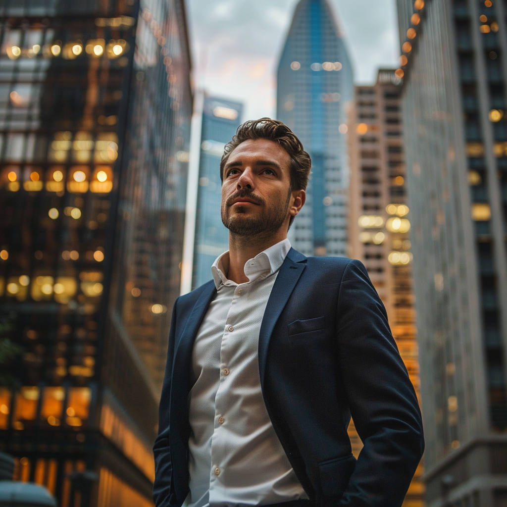 Businessmann steht vor einer Skyline und symbolisiert Vermögensentwicklung