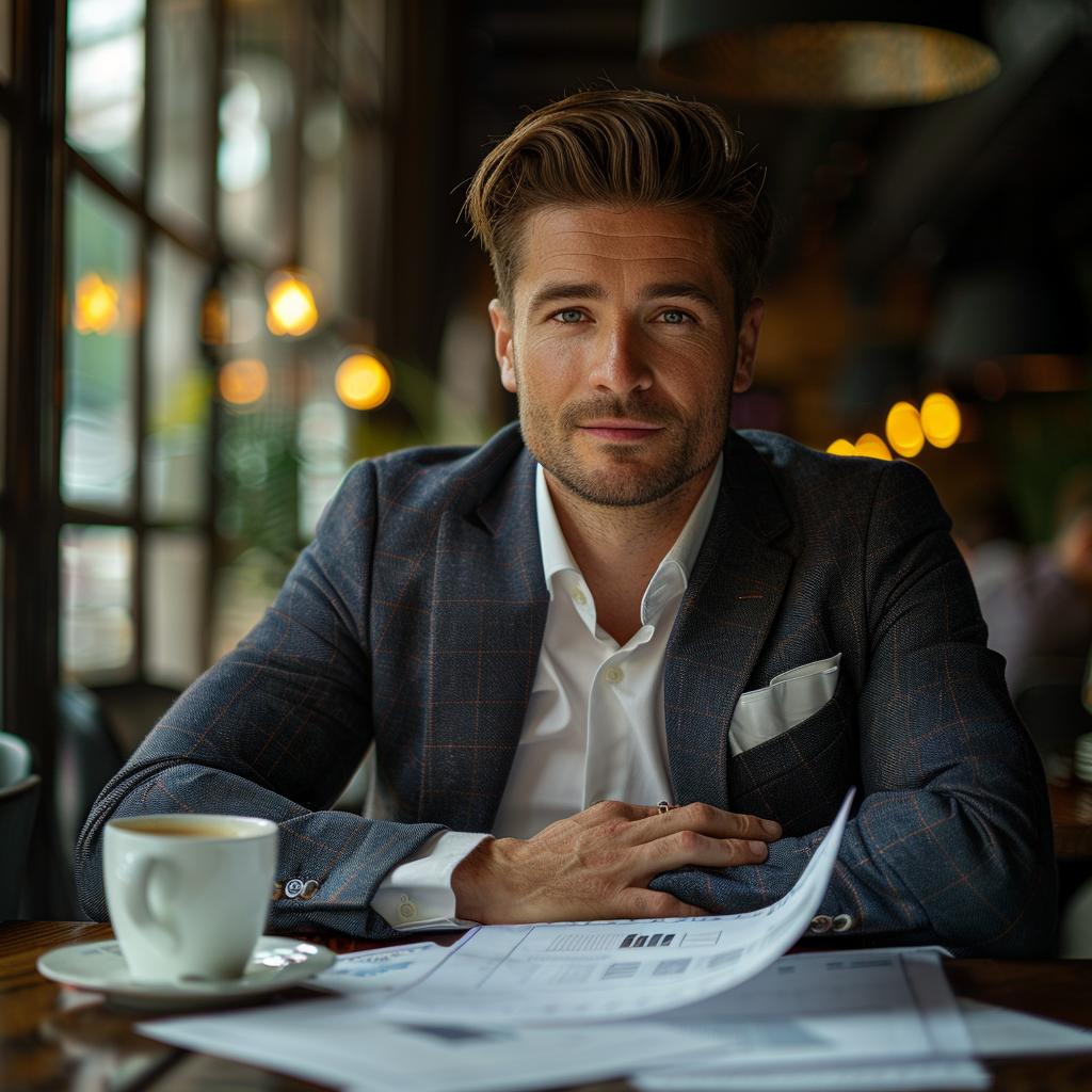 Ein eleganter Mann im Café, vertieft in Dokumente zum Vermögensaufbau.