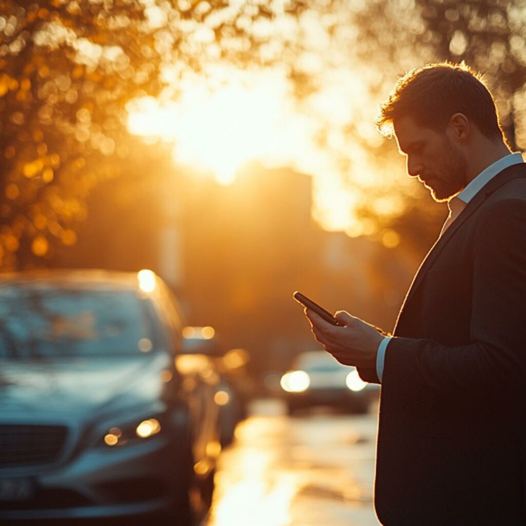 Unternehmer in Anzug vor teurem Wagen, schaut auf sein iPhone bei Sonnenuntergang – Kundenreise.