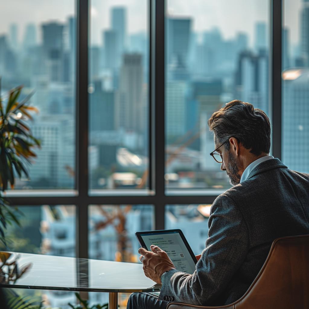 Mann analysiert Statistiken in modernem Büro mit Skyline-Blick – Lastenausgleichsgesetz 2024.