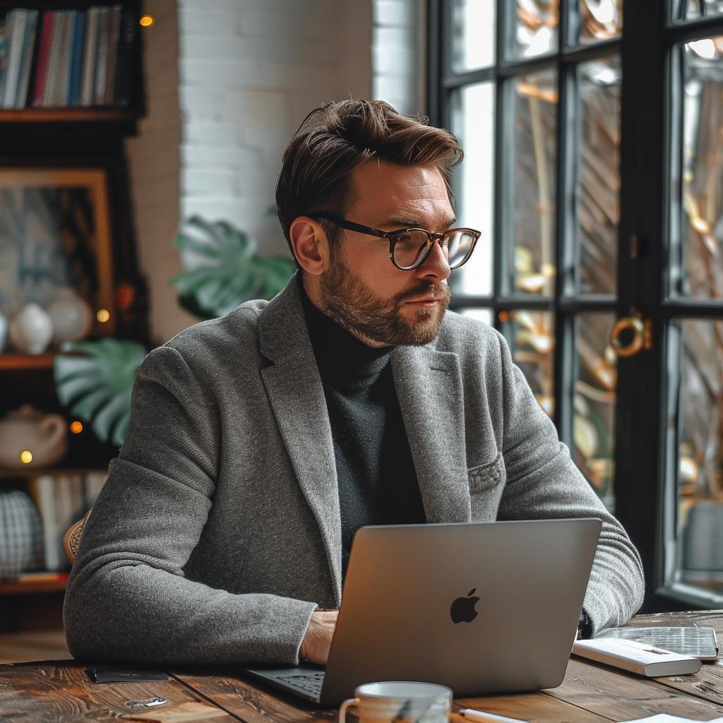 Unternehmer arbeitet konzentriert an seinem MacBook in einem modernen Büro – Unternehmensvision.