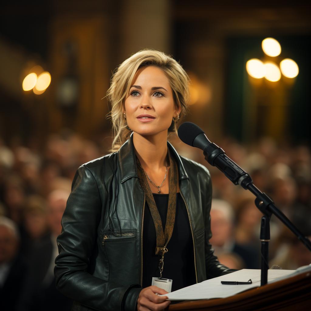 Mentorin spricht auf einer Konferenzbühne vor einem großen Publikum.