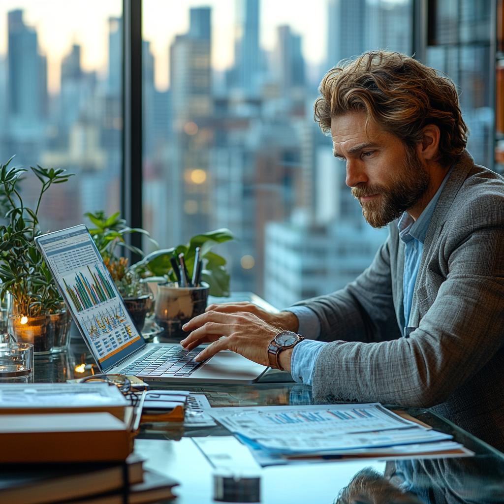 Unternehmer analysiert die Performance von Investmentfondsmanagern in seinem Büro.